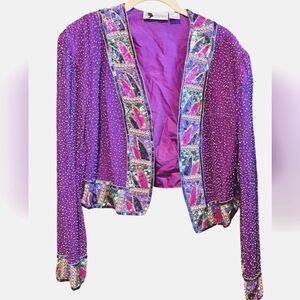 Essence Vintage 80s Purple Silk Sequin Embellished Bolero Jacket